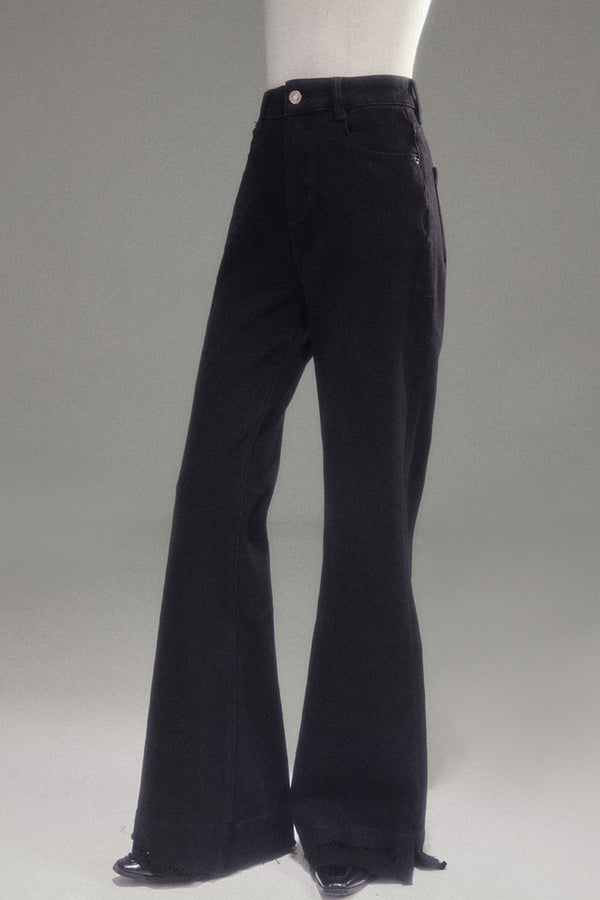 High-Waisted Fleece-Lined Flared Raw Hem Slit Jeans