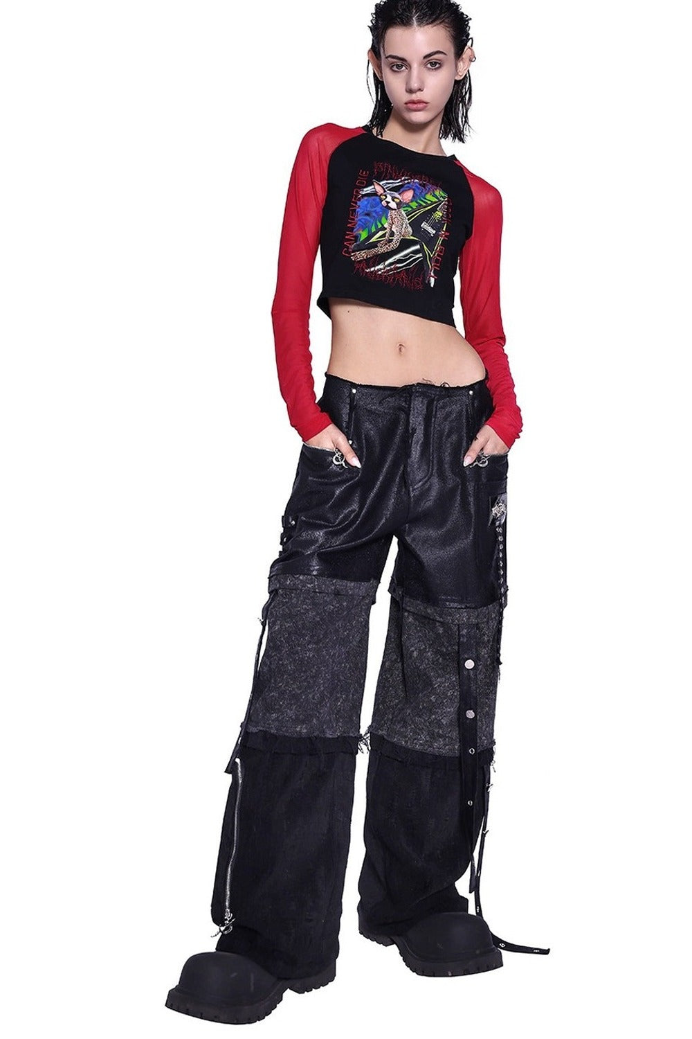 Stacked Patchwork Studded Belt Jeans