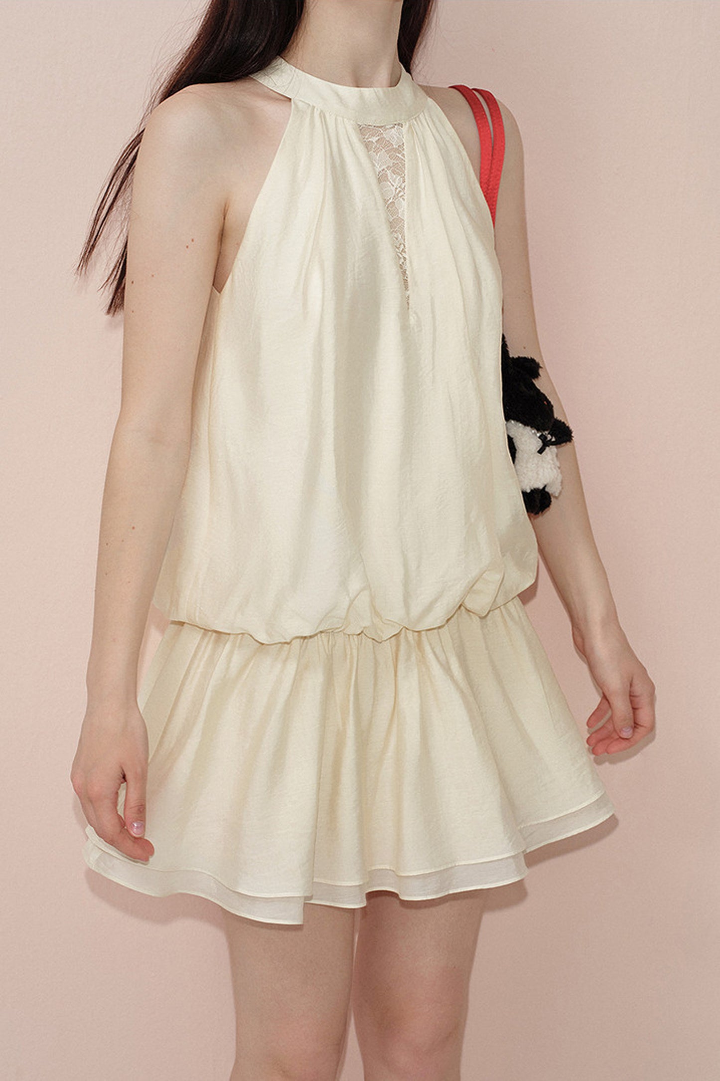 Beige Lyocell Halter Neck Lace Trim Dress