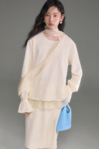 Moonlight Waterfall Long-Sleeve Ribbon Top and Skirt Set-Up