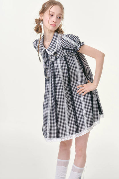 Retro Plaid Lace Puff Sleeve Dress
