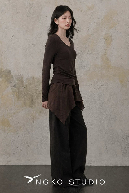 Maroon Ruched Round Neck T-Shirt