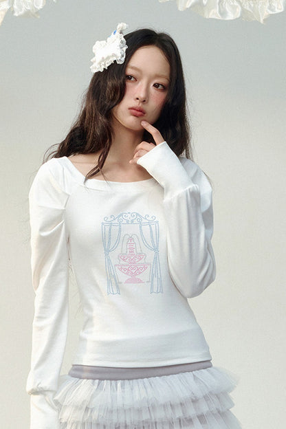 컬러 블록 라인스톤 긴소매 티셔츠