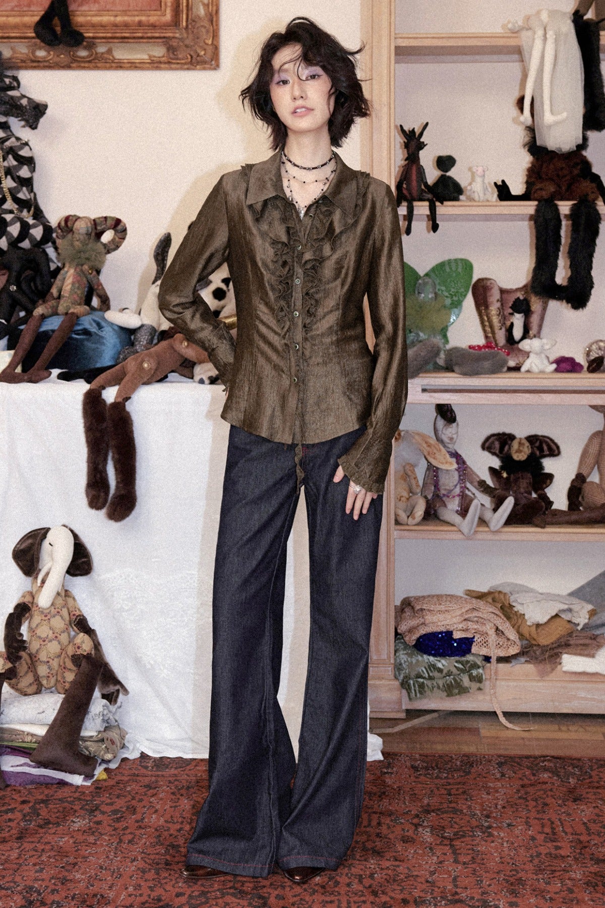Ruffled Acetate Chiffon Shirt and Skirt Set-Up