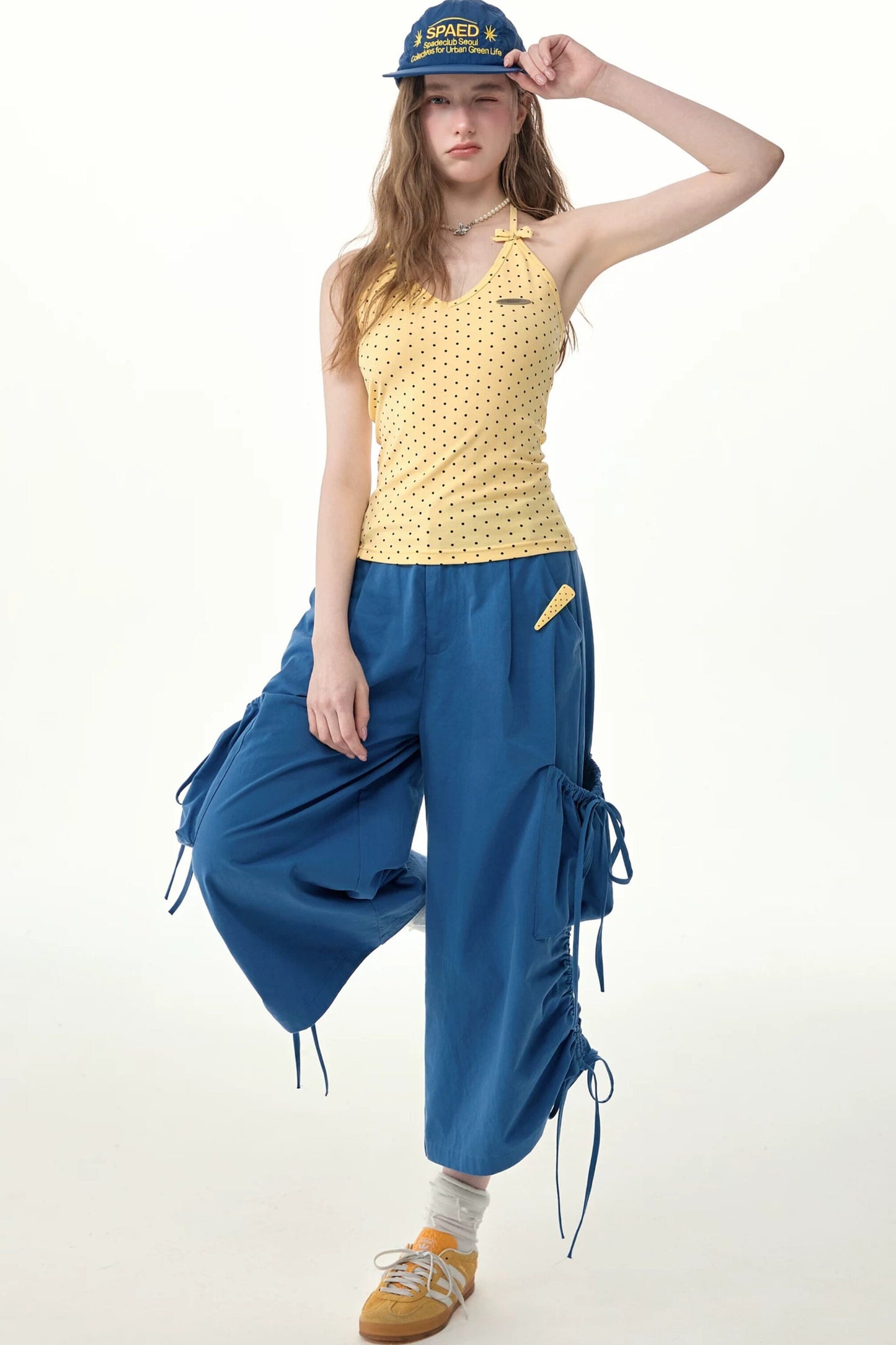 Blaue Ballon-Cargohose mit Kordelzug und weitem Bein