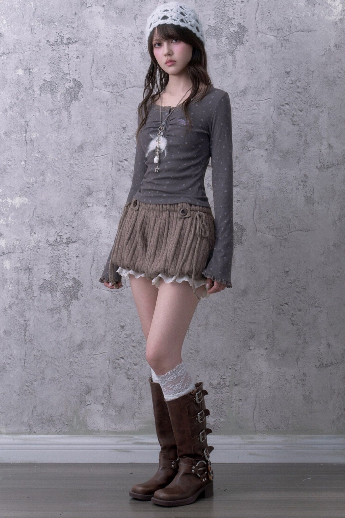 Gray Purple Lace Henley T-shirt