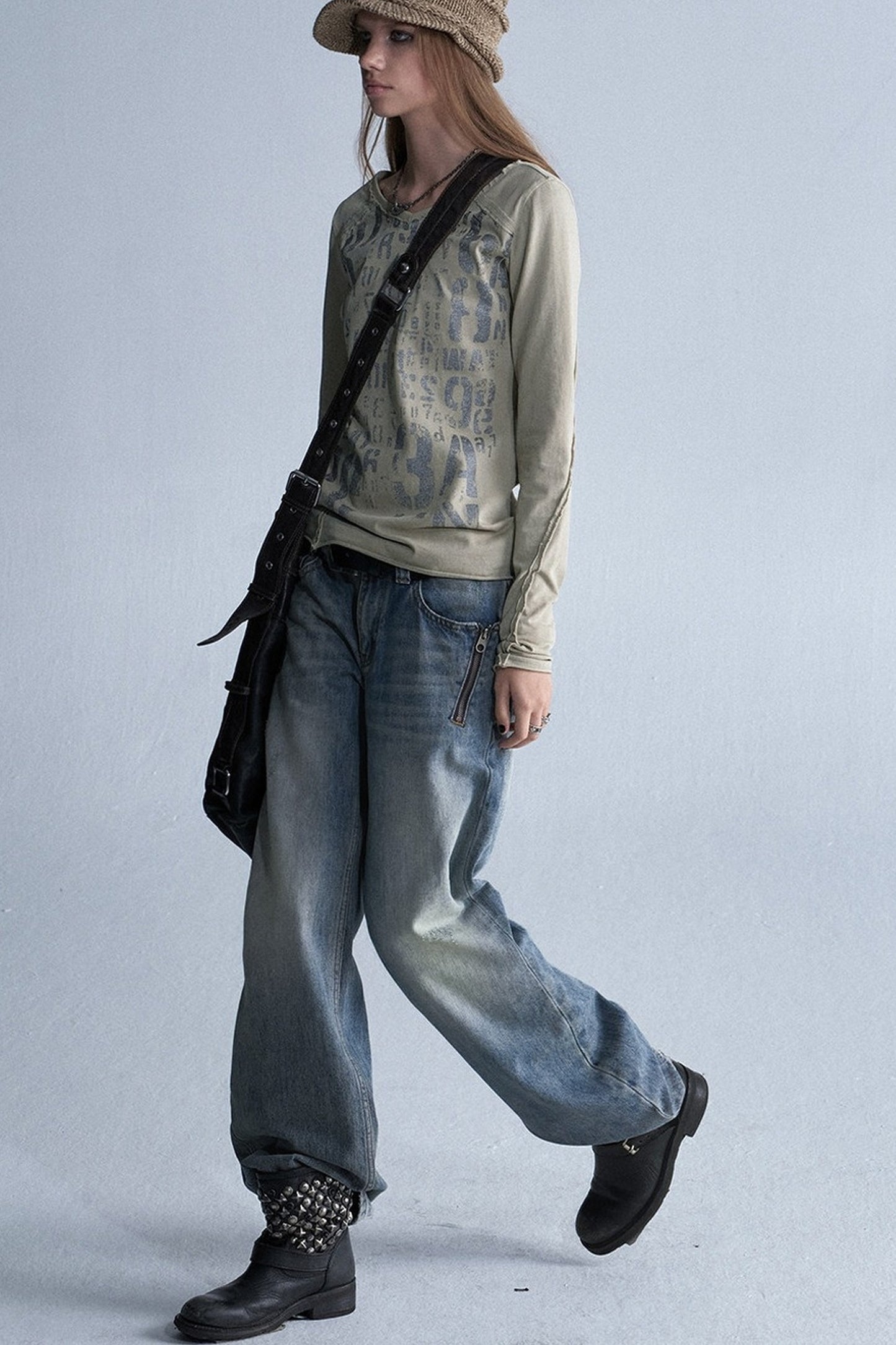 Asymmetrical Frayed All-Over Print Long-Sleeve T-Shirt
