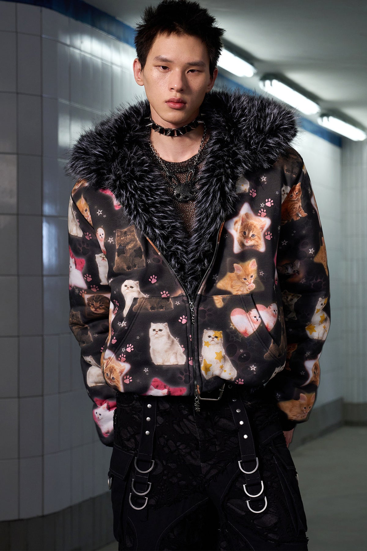 Cat Print Reversible Fur Coat