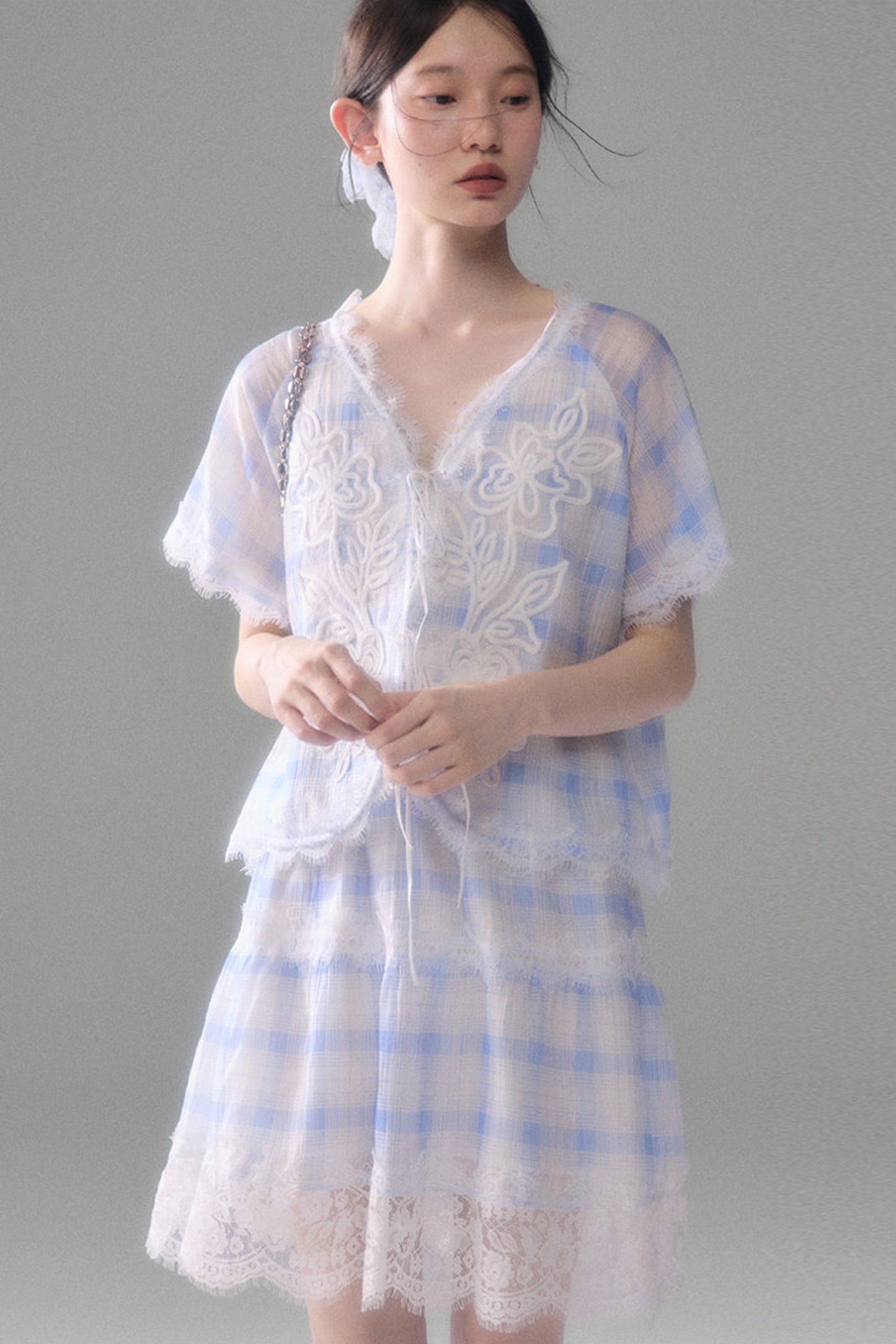 Blue White Checkered Lace Tencel Top Skirt Set-Up