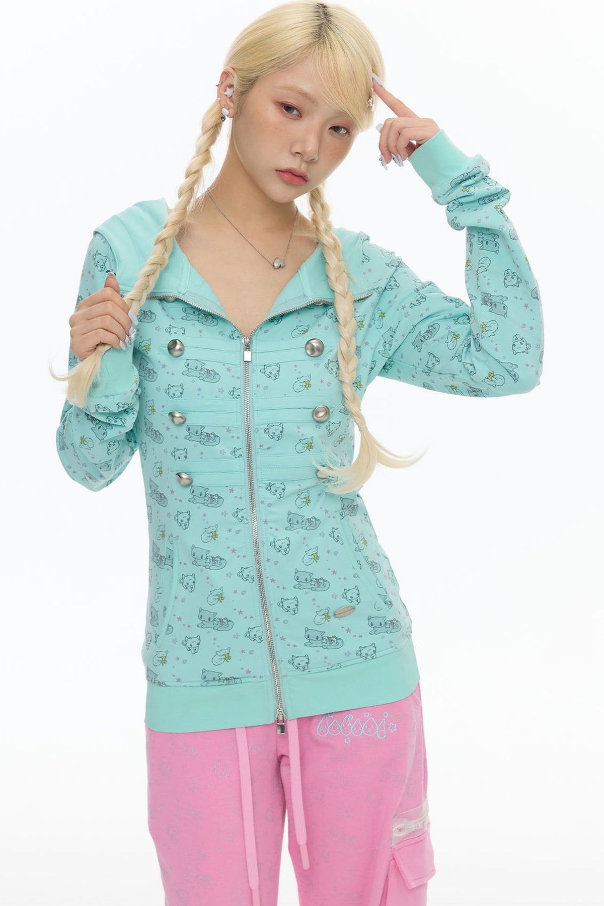 Mint Green Frog Double-Breasted Zipper Jacket