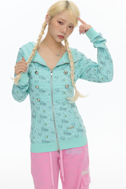 Mint Green Frog Double-Breasted Zipper Jacket