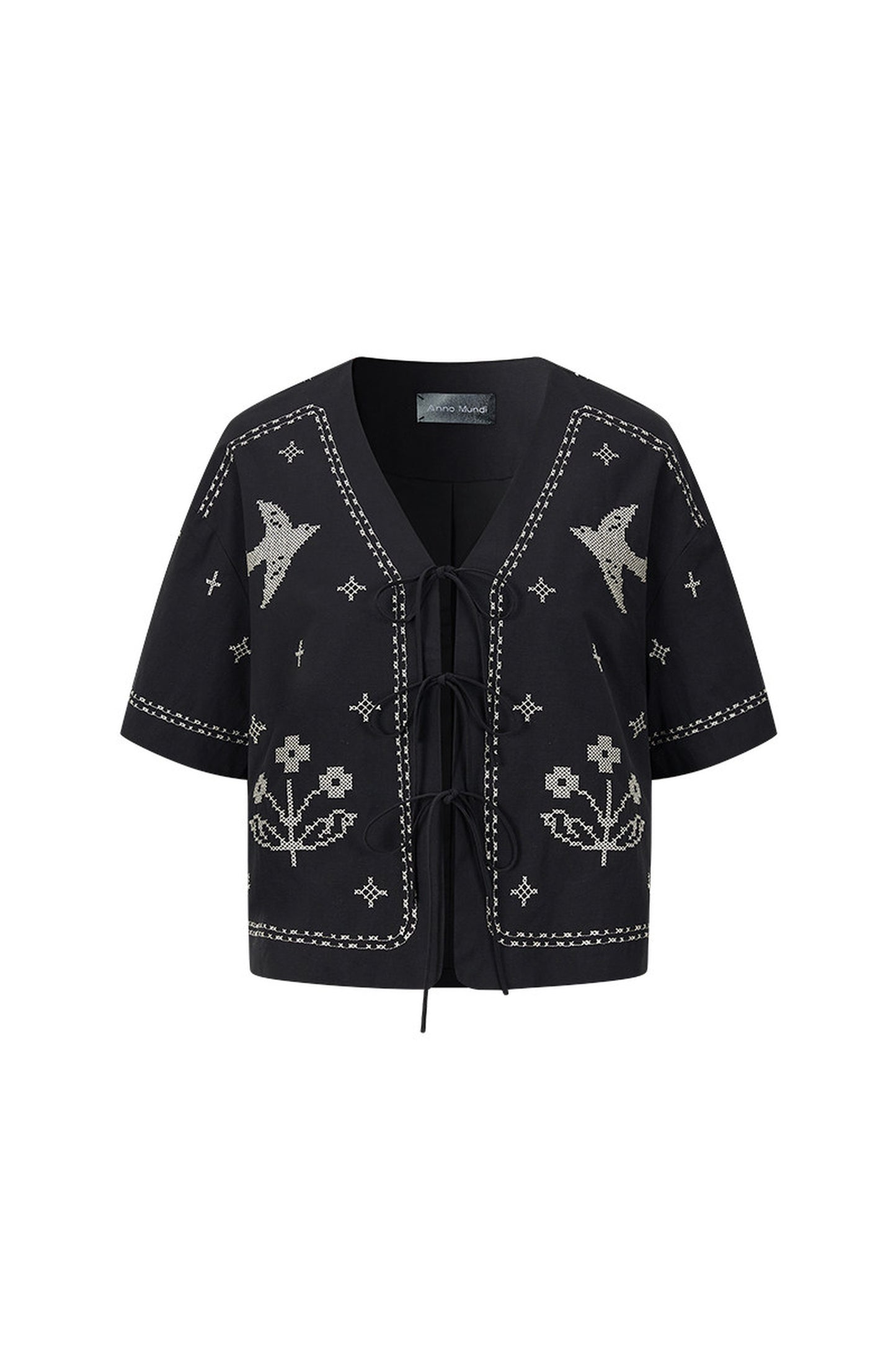 Bird Embroidered Cotton Linen Cardigan And Shorts Set-Up