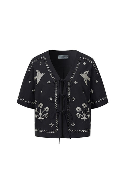 Bird Embroidered Cotton Linen Cardigan And Shorts Set-Up