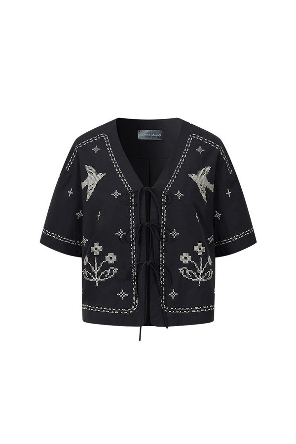 Bird Embroidered Cotton Linen Cardigan And Shorts Set-Up