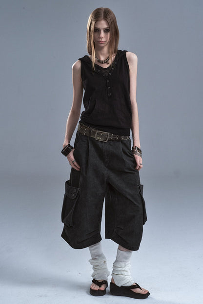 Hooded Patchwork Kangaroo Pocket Sleeveless Tank