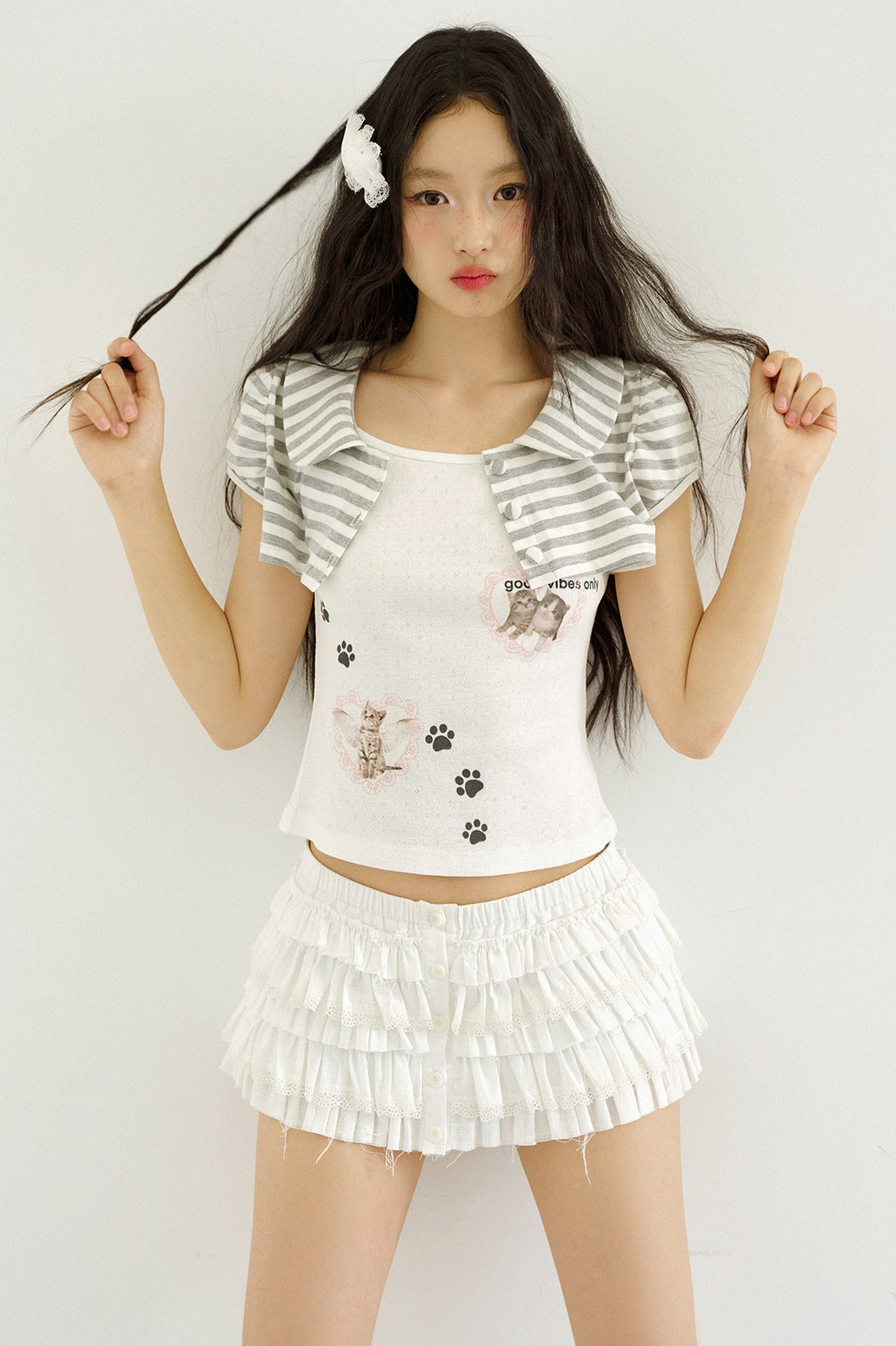 Cat Print Faux Two-Piece Knit Top
