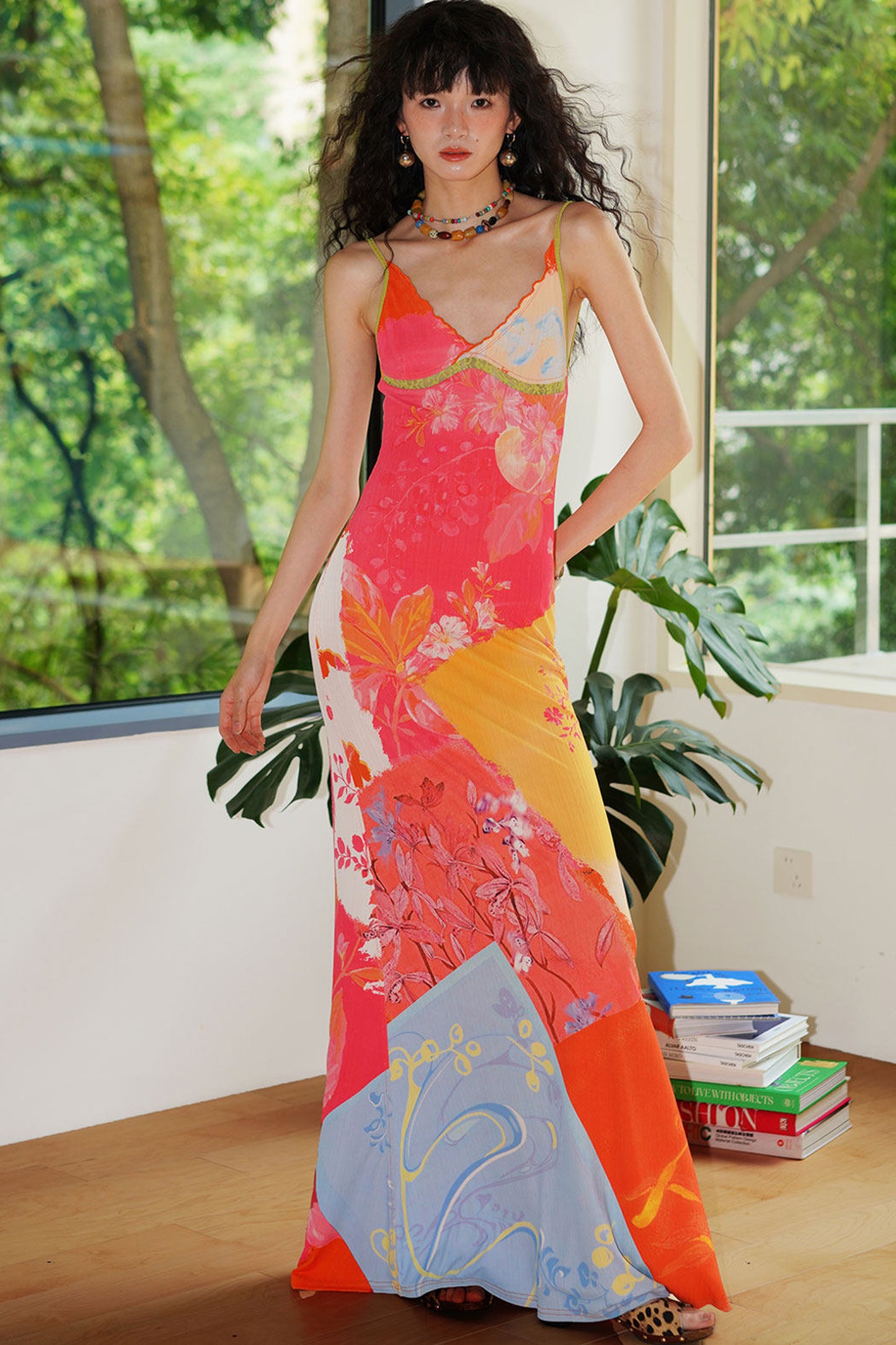 Chinese Print Lace Slip Dress