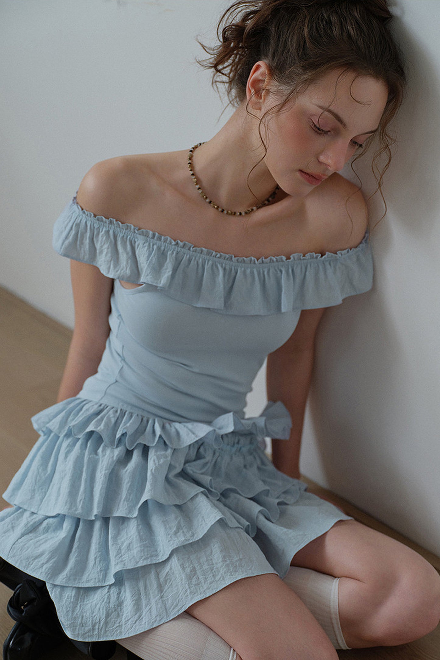 Mist Blue Ruffle Dress and Leggings Set