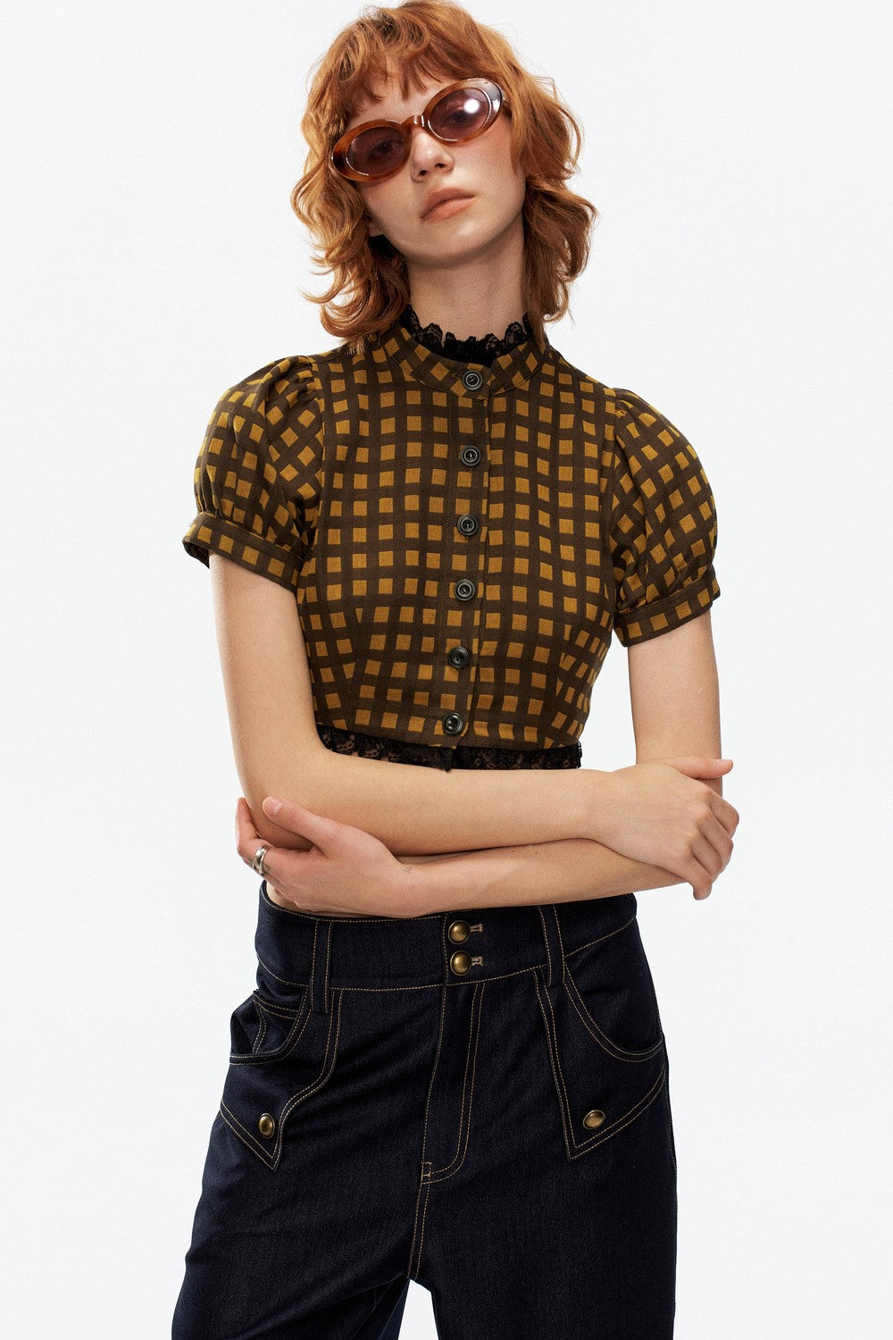 Yellow and Black Plaid Puff Sleeve Top
