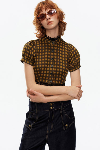 Yellow and Black Plaid Puff Sleeve Top