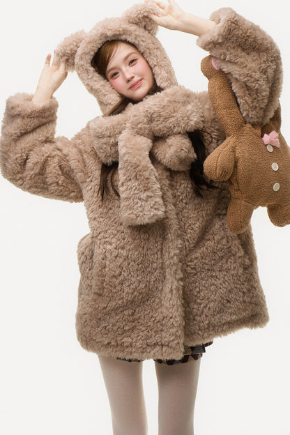 Hooded Bear Ear Fur Coat