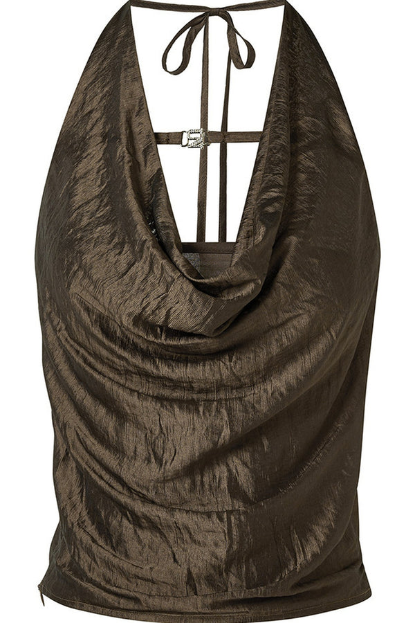 Brown Cowl Neck Camisole and Irregular Skirt Set