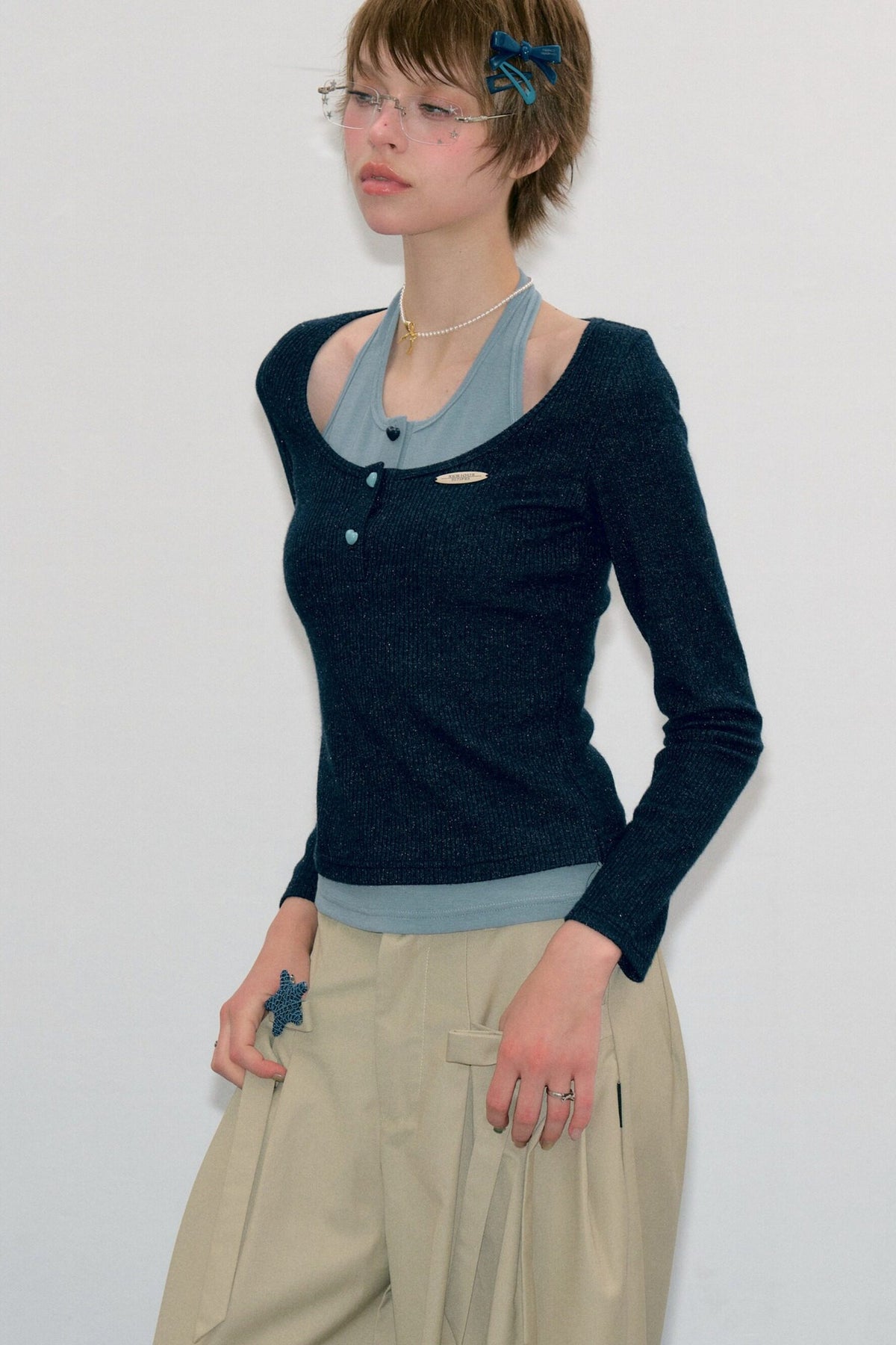 Layered-Look Long Sleeve Knit Top