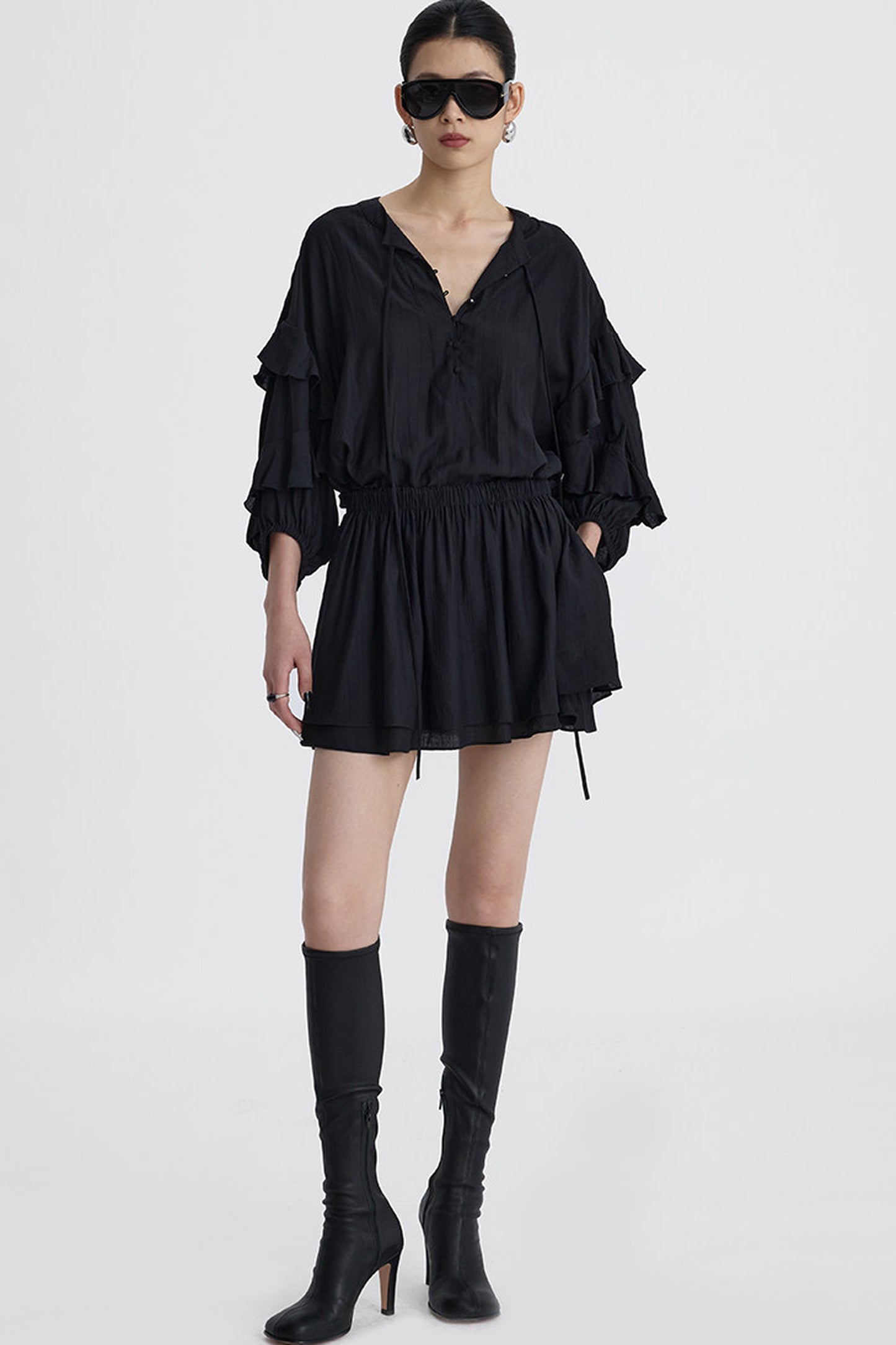 Black V-Neck Ruffle Lantern Sleeve Dress