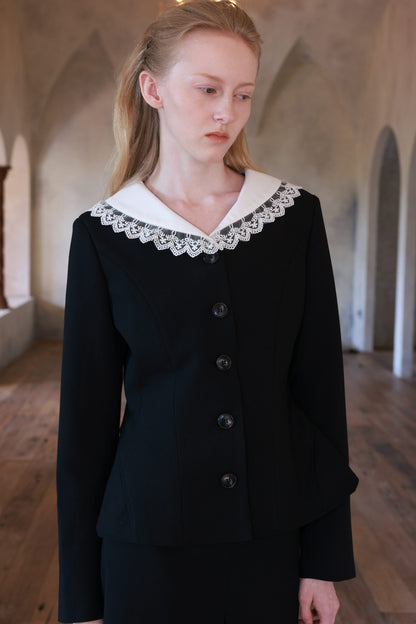 Black Lace Collar Jacket and Skirt Set-Up