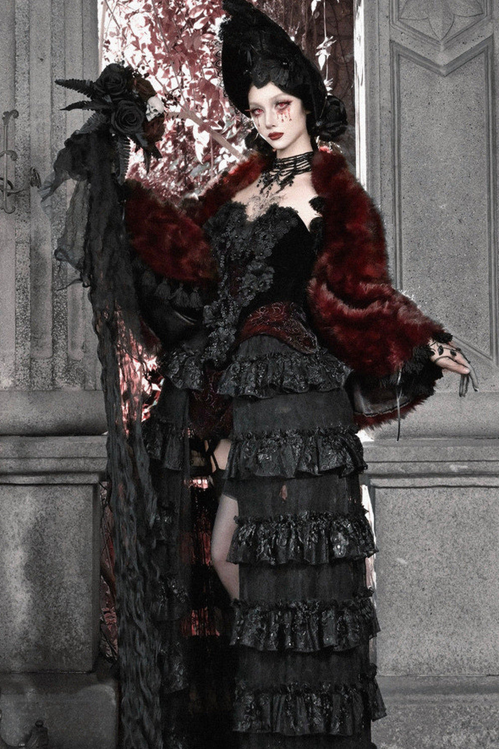 Ensemble blouse corset gothique en velours cramoisi