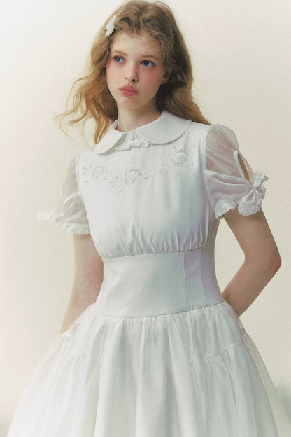 White Rose Embroidered Princess Midi Dress