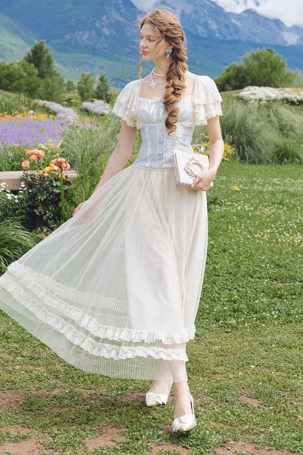 French Retro Lace Trim Top and Skirt Set-Up