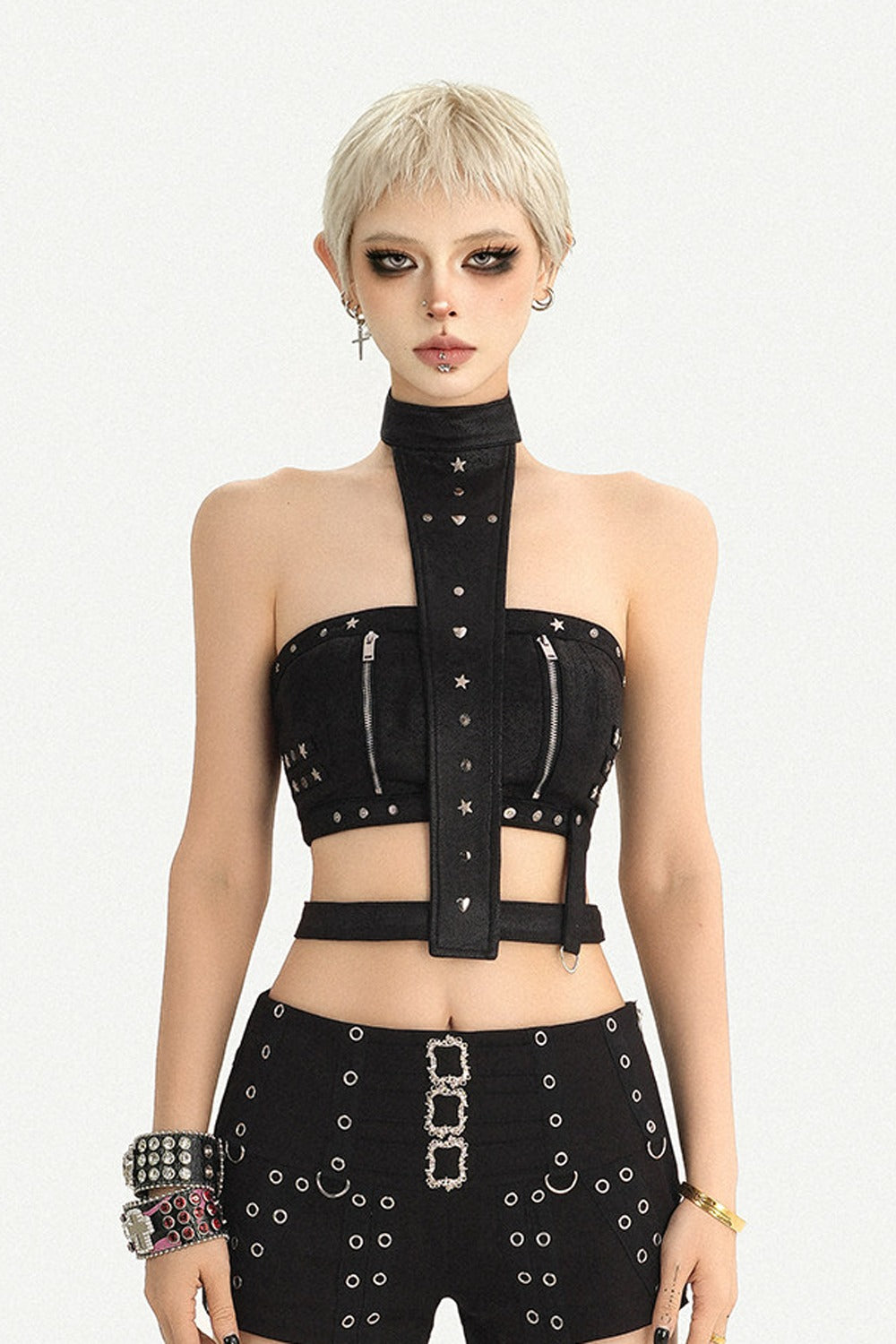 Rivet Zipper Halter Tube Top