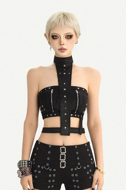 Rivet Zipper Halter Tube Top