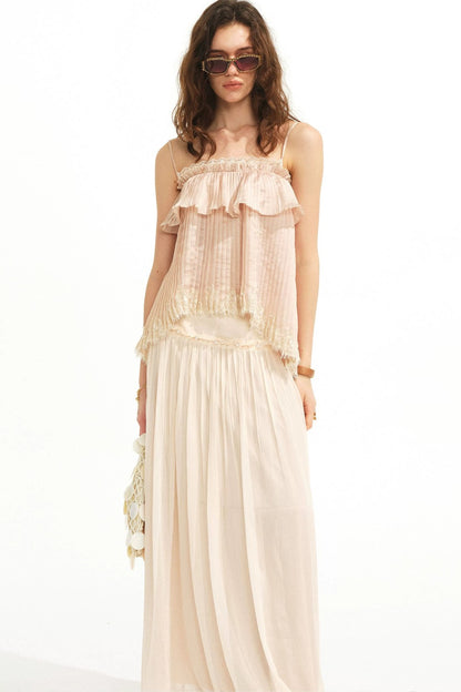 Retro Pleated Lace Pearl Skirt Set-Up
