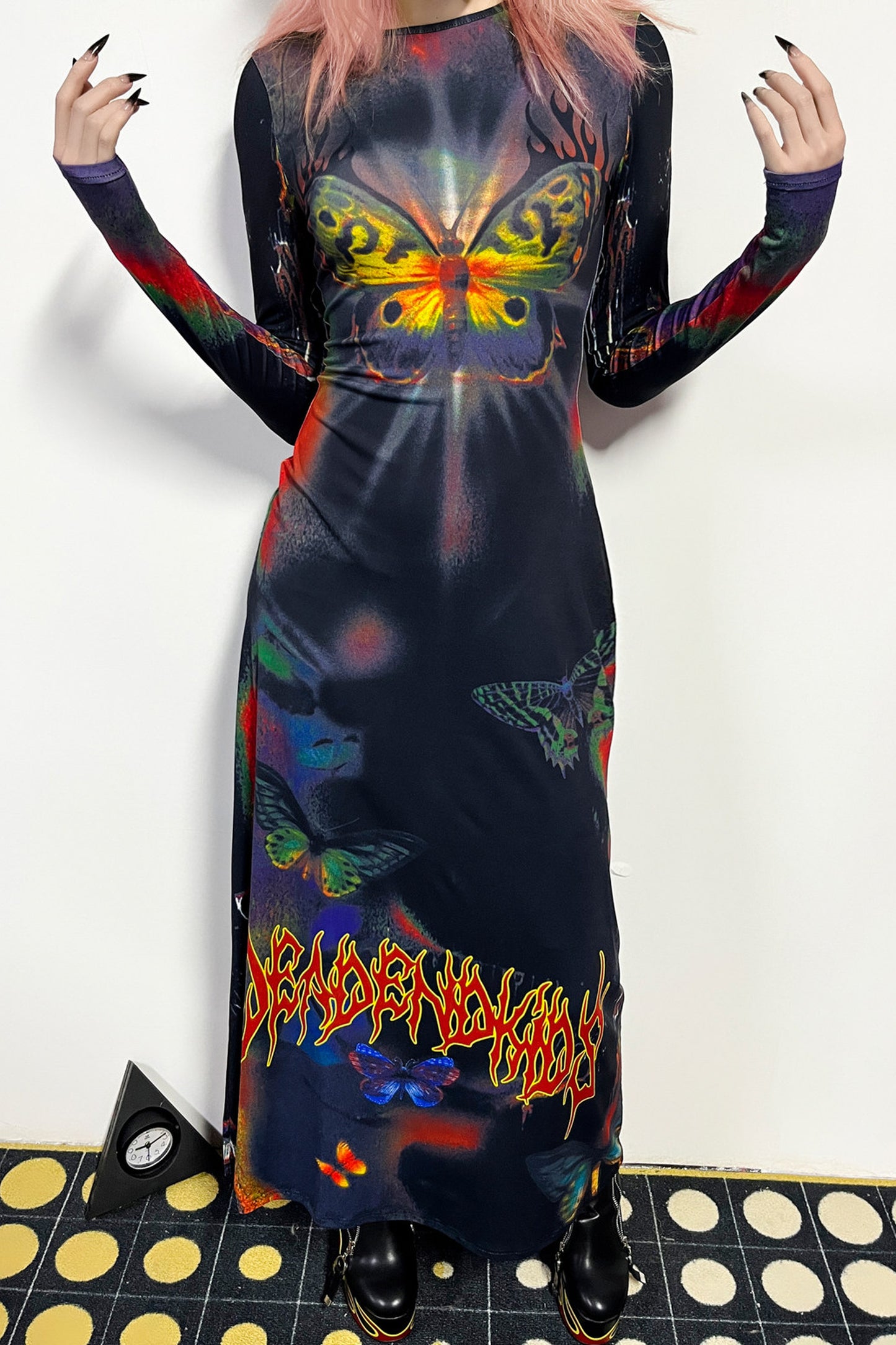 Butterfly Print Flame Long-Sleeved Dress