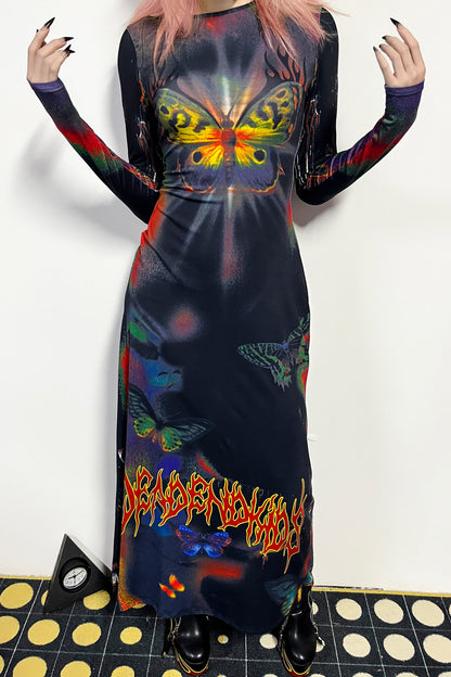 Butterfly Print Flame Long-Sleeved Dress