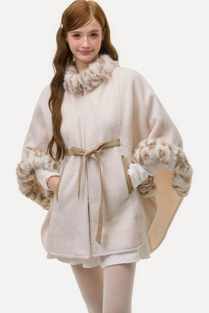 Leopard Print Fur Spliced Wool Cape