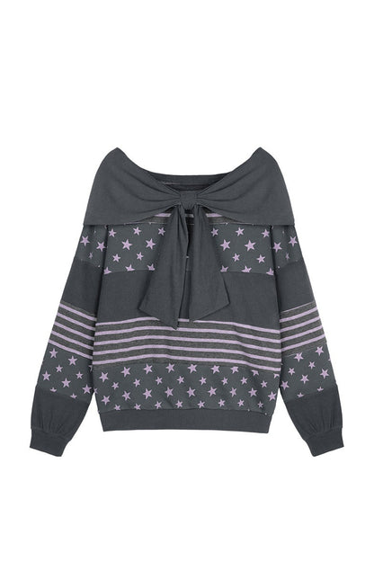 Star Patchwork Bowknot One-Shoulder Hooded Sweatshirt