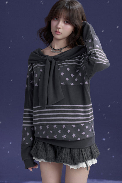 Star Patchwork Bowknot One-Shoulder Hooded Sweatshirt