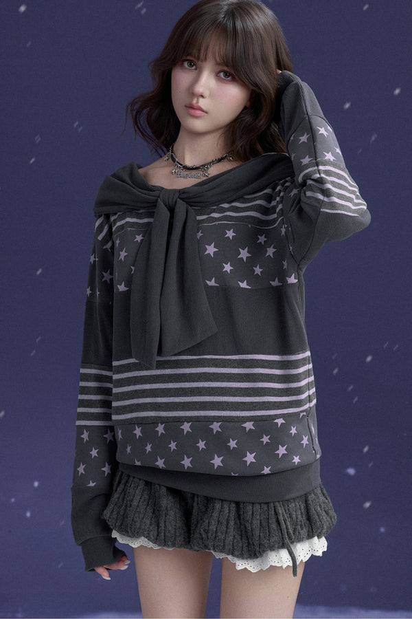 Star Patchwork Bowknot One-Shoulder Hooded Sweatshirt
