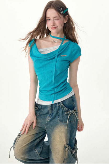Blue Polka Dot Asymmetric Ruffle T-Shirt