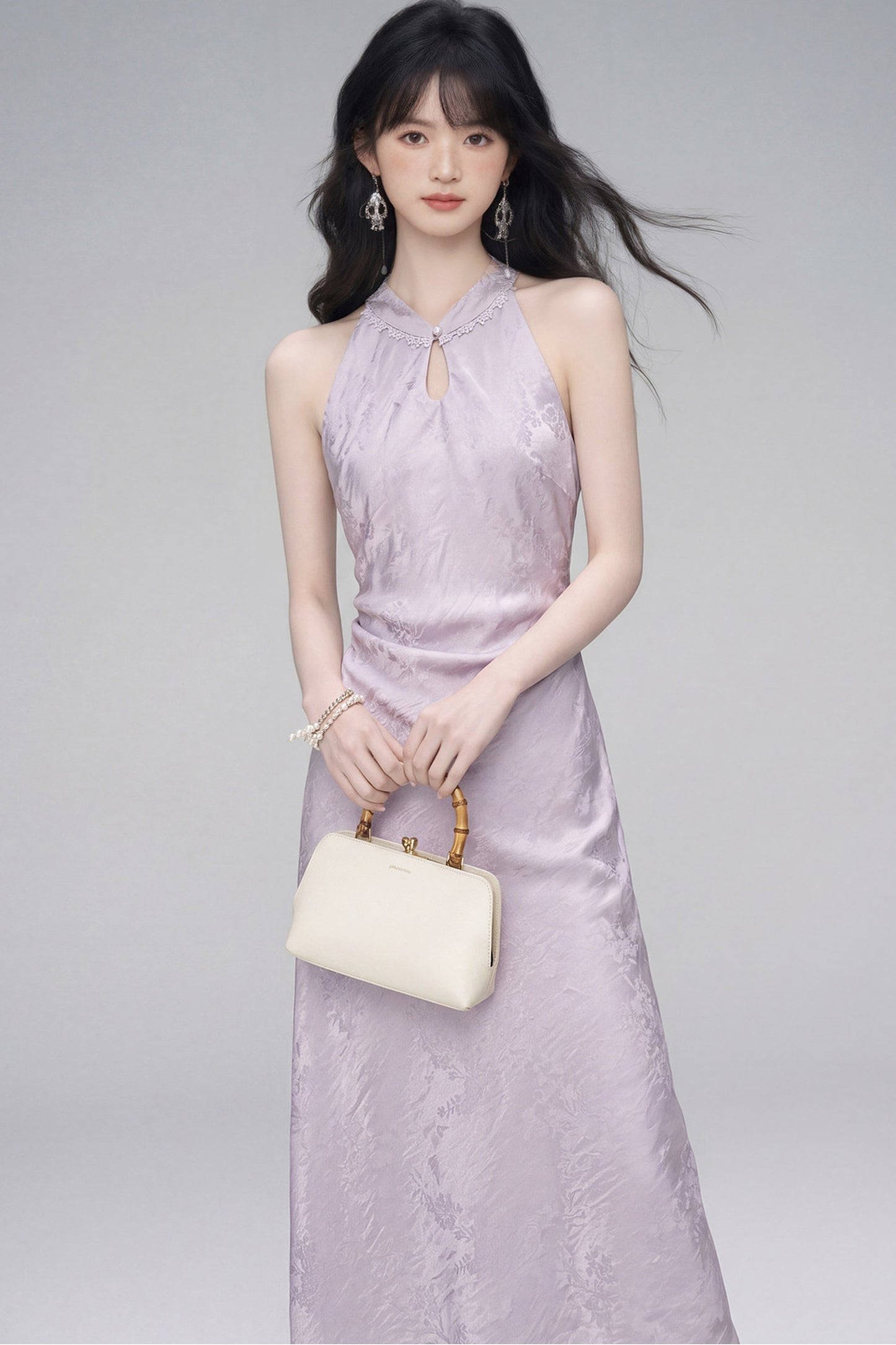 Halter-Neck Jacquard Cheongsam Dress