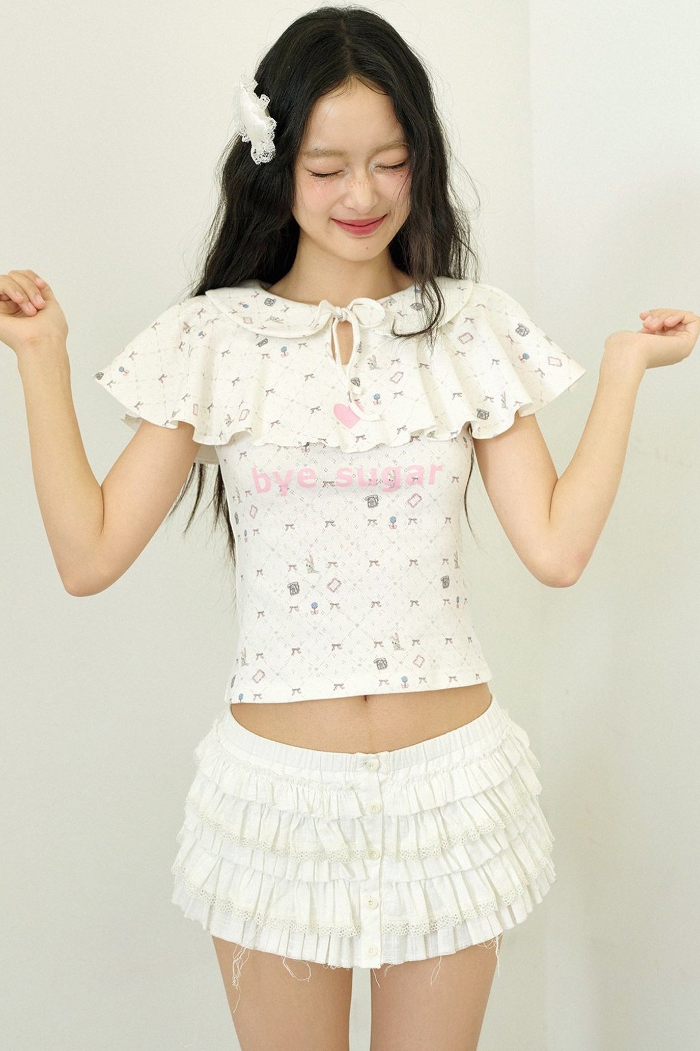 Print Ruffle Collar Top