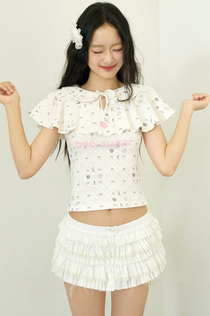 Print Ruffle Collar Top