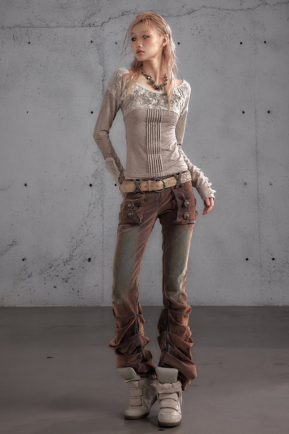 Punk Flocked Ruched Low-Waist Curved Leg Jeans