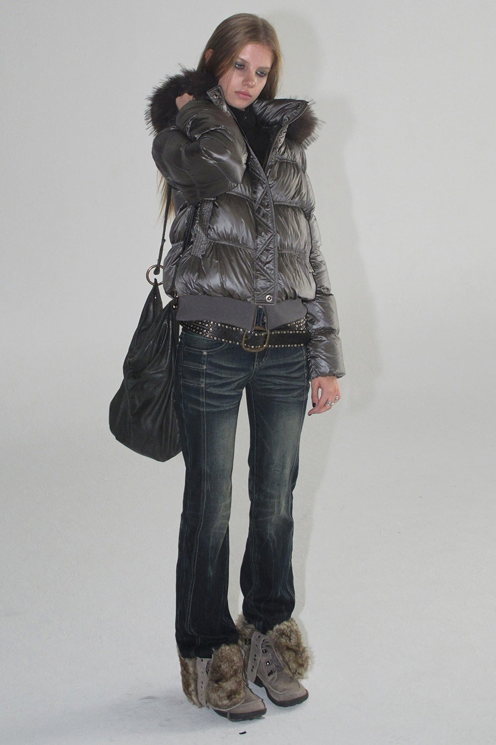 Silver Foil Fur Collar Jacket