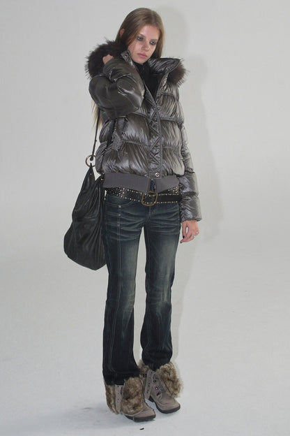 Silver Foil Fur Collar Jacket