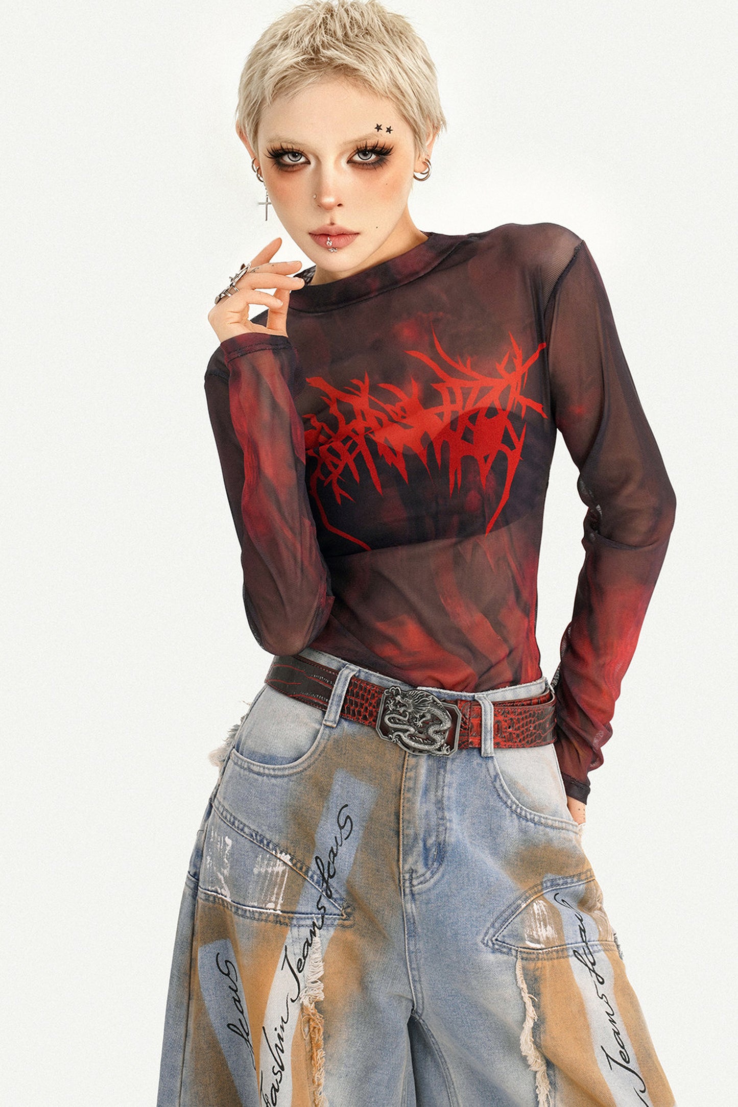 Red Graphic Mesh Long-Sleeved Top