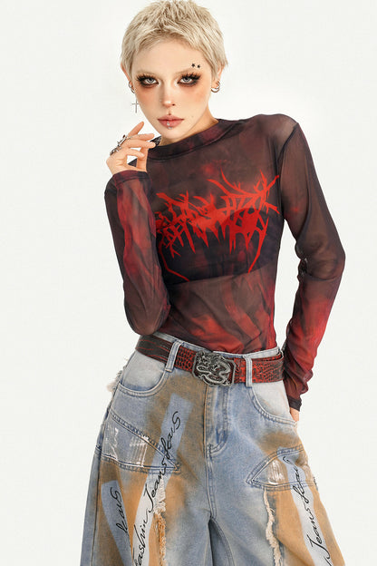 Red Graphic Mesh Long-Sleeved Top